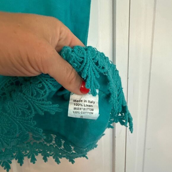 Terzo Millenio NWT turquoise linen crochet lace trim blouse small - Picture 5 of 9